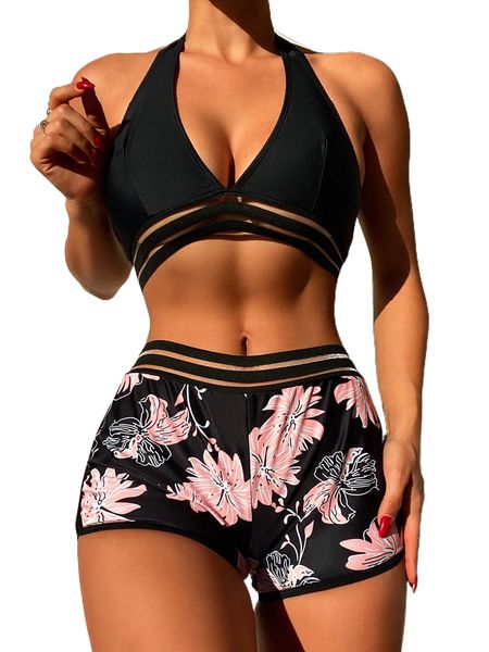 

floral print contrast mesh bikini swimsuit t1yp#, White;black