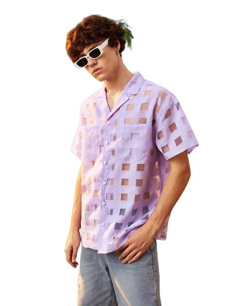 

romwe guys sheer plaid shirt a7pz#, White;black