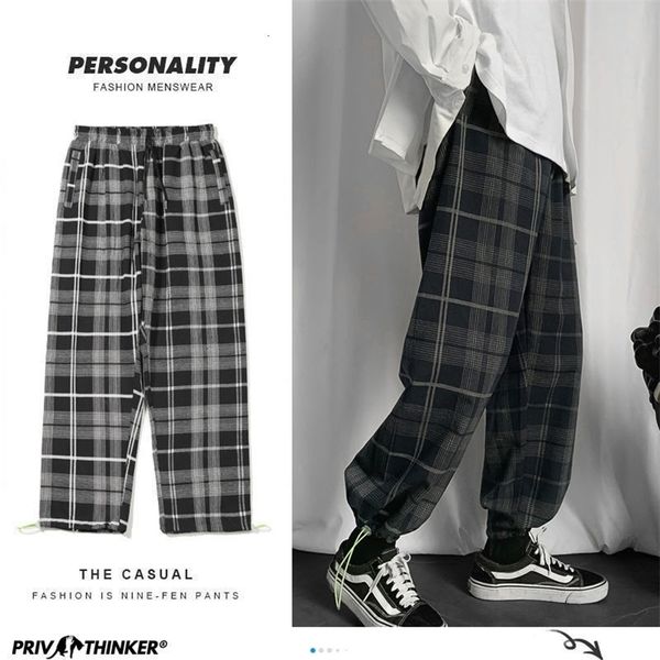 

privathinker men's plaid casual harem pants korean man loose ankle-length trousers harajuku streetwear male clothing 220325, Black