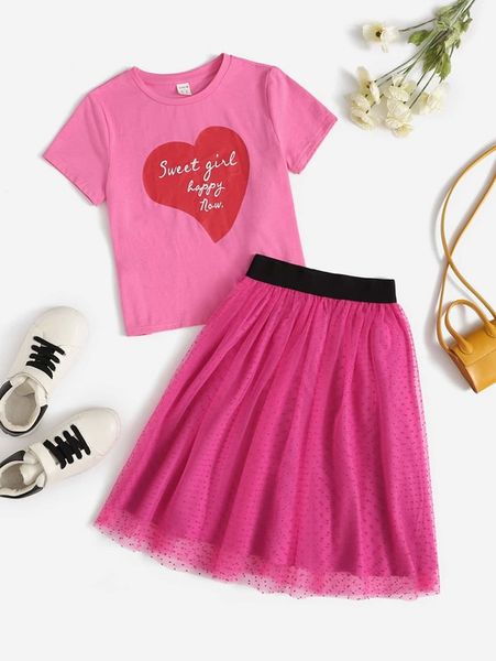 

girls slogan graphic tee & mesh skirt set she, White