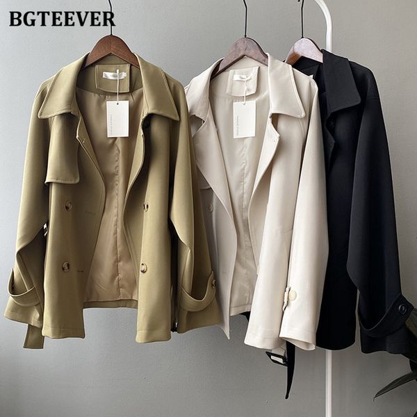 

vintage double breasted trench coats women belted sashes solid windbreaker long sleeve loose female outerwear 2021, Tan;black