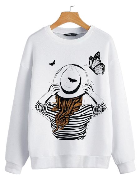 

figure and butterfly print sweatshirt 28vf#, Black