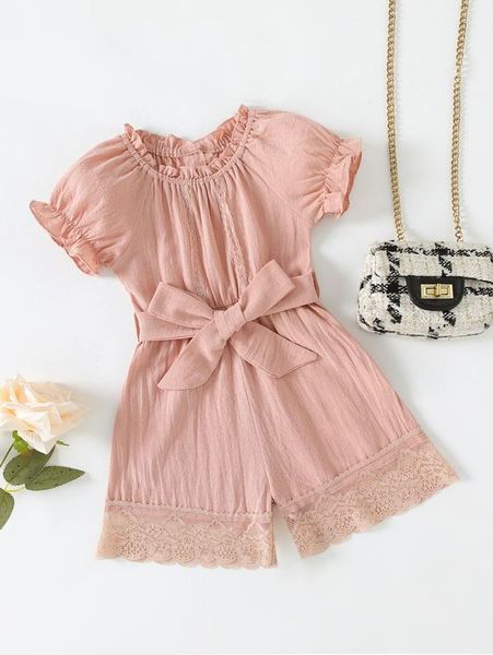 

toddler girls contrast lace frill neck belted romper she, Blue