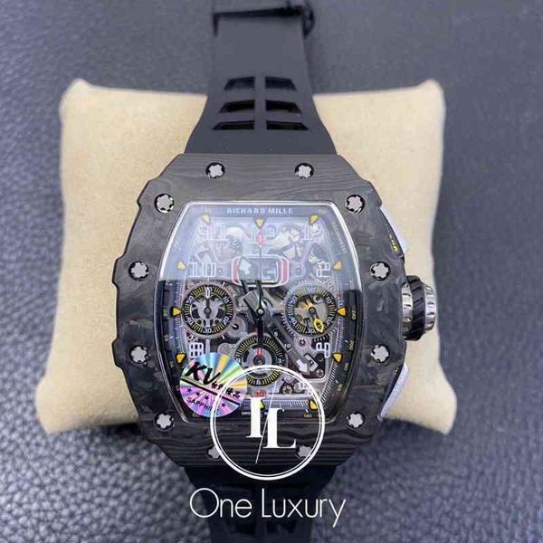 relógio Date Luxury Mens Mechanics Watches Richa Wristwatch Original Watch 011 / Rm11-03 Flyback Chronograph Black Forged Carbon Case on Rubber Strap Millerwatch