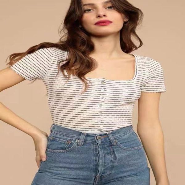 

women's sweaters spring and summer french style square neck striped single breasted knit slim fitting blouse women's, White;black