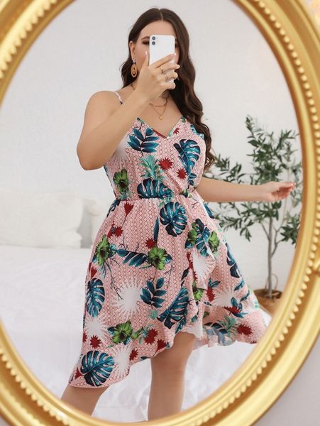 

plus tropical print cami dress 95hh#, Black