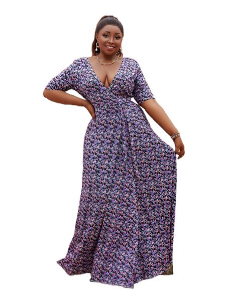 

plus ditsy floral print overlap collar dress 84we#, Black