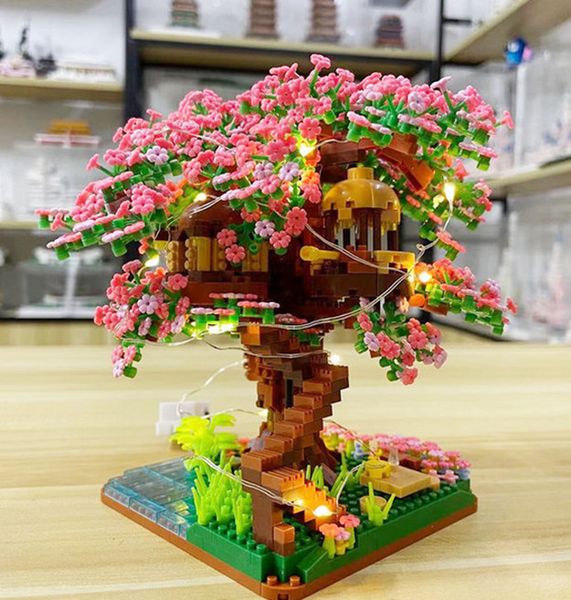 Kit de constru￧￣o de modelos de plantas de panela de panela bloqueios Kits de tijolos de tijolos Mini Sakura Suculentas Cherry Blossom House Tree Model Blocks Toys for Children Gifts