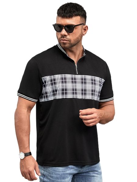 

extended sizes men plaid print contrast trim polo shirt 05cd#, White;black