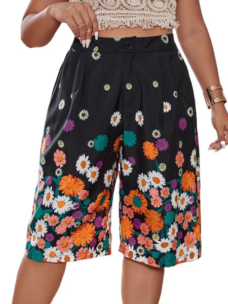 

plus floral print wide leg pants 31lg#, Black
