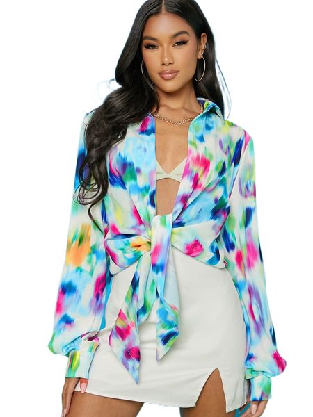 

tie dye tie front bishop sleeve blouse without bra 53vb#, White