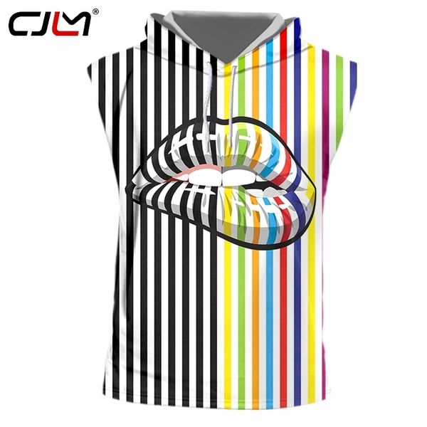 

mens cool drop hooded tank 3d printed creative lips stripes stitching cool clothing man spandex 220623, White;black