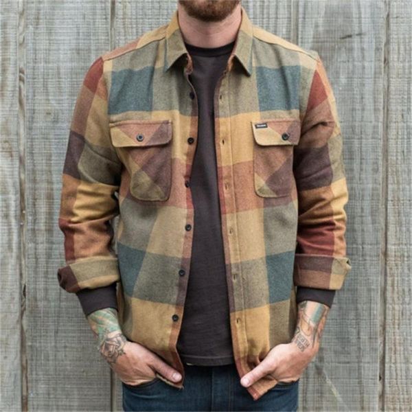 

men's casual shirts flap pockets turn-down collar men cardigan shirt long sleeve plaid print buttons down coat outerwear, White;black