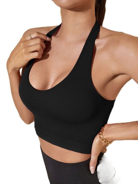 

rib-knit backless crop sports halter 79e4#, Gray