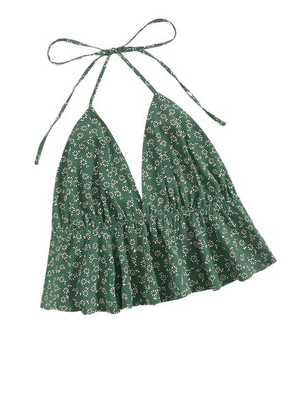 

plus ditsy floral ruffle hem crop halter e9fy#, Black