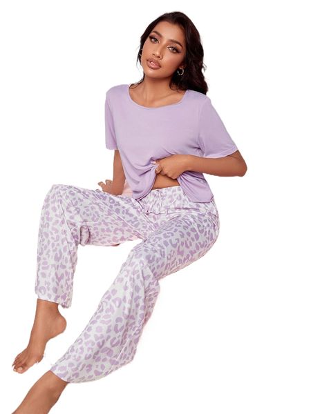 

tee & leopard print tie waist pants pj set h5tm#, Black;red