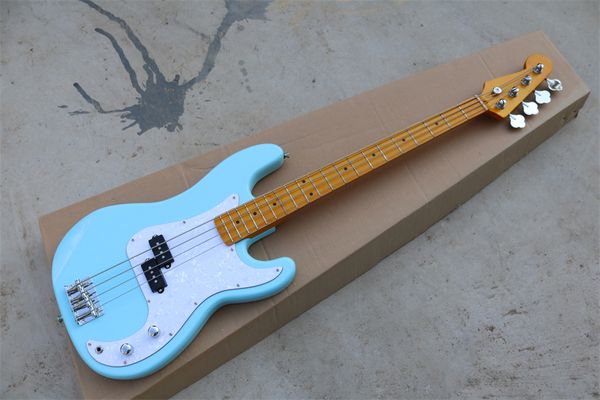 

4-strings blue body electric bass guitar with white pickguard,chrome hardware,maple fretboard,can be customized