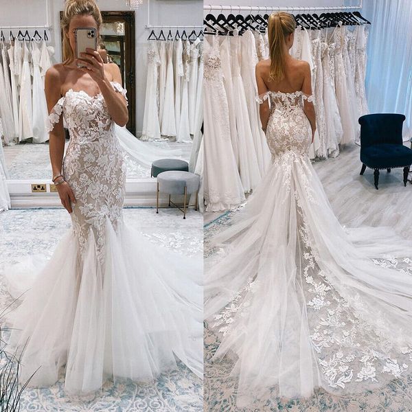 Elegante abito da sposa in pizzo bohémien 2022 con spalle scoperte Sirena Abiti da sposa Boho con strascico Abiti da sposa country sexy senza schienale Abiti da sposa Hippie