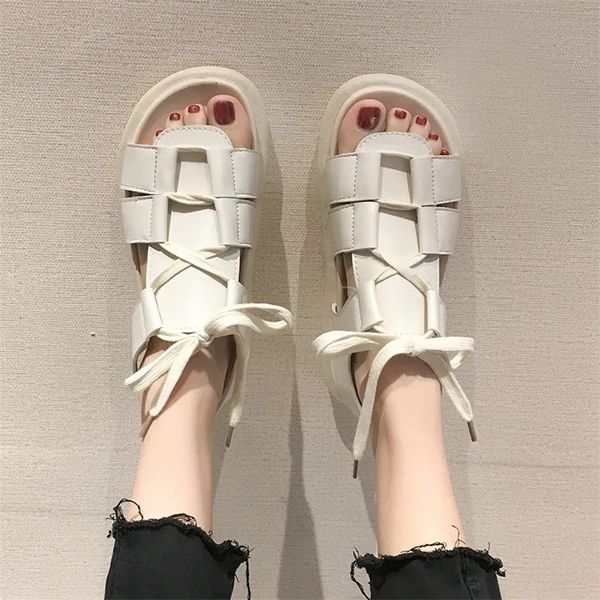 

harajuku ulzzang summer platform fisherman sandals women fashion beach designer shoes roman gothic punk black white flats 220616