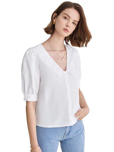 

frenchy floral embroidery button front puff sleeve blouse g5yz#, White