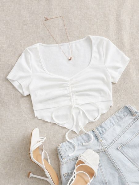 

lettuce trim drawstring front hanky hem o55z#, White