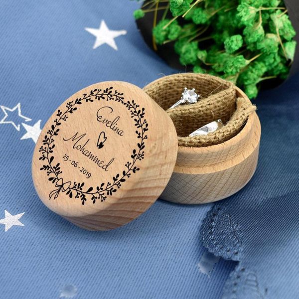 Bolsas de joalheria Caixa de madeira rústica personalizada Caixa de anel de madeira personalizada Seus nomes e portador de data
