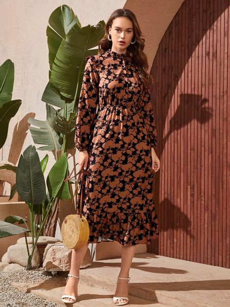 

mock neck allover floral print lantern sleeve ruffle hem dress k1dz#, Black;gray