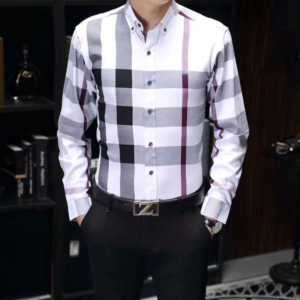 

men's dress shirts luxury slim silk t-shirts long sleeves casual business wear plaid brand -3xl, White;black
