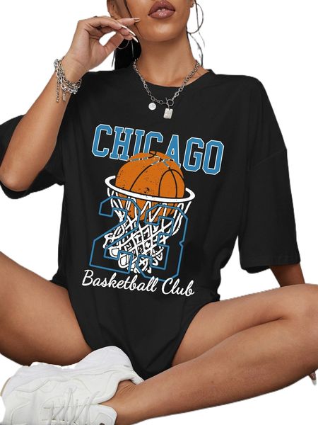 

letter & basketball graphic t-shirt e78c#, White