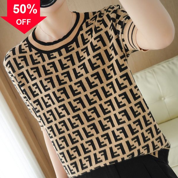 

knitted short sleeve fashion thin bottomed brand summer women's shirt, White