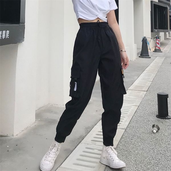 

big pockets cargo pants women high waist loose streetwear pants baggy tactical trouser hip hop joggers pants lj200818, Black;white