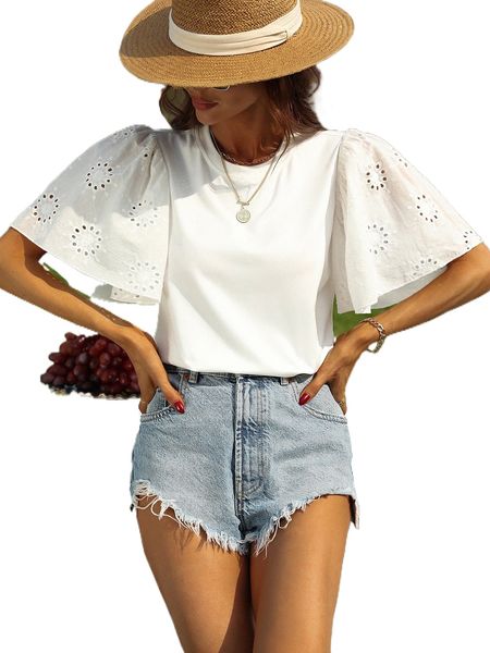 

eyelet embroidery butterfly sleeve tee v8lf#, White