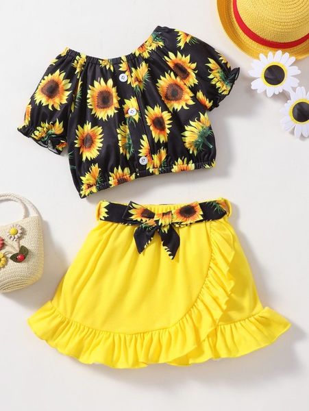 

little girl's printed and ruffle wrap hem belt skirt she, White