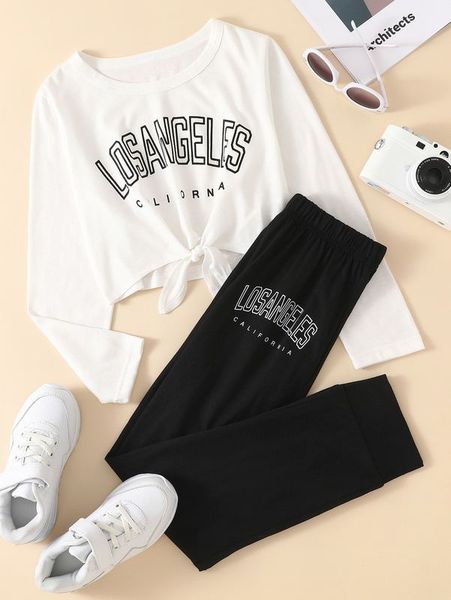 

girls letter graphic tie hem tee & sweatpants she, White