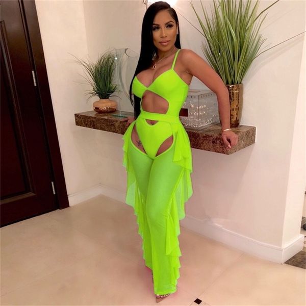 Bkld Fashion Neon Green Suit Women Женщины с двумя кусочками без рукавов боди и оборки сетки чистые брюки Bodycon Два кусочки наряды