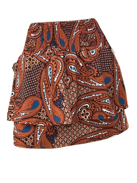 

paisley print shirred layered hem skirt s4co#, Black