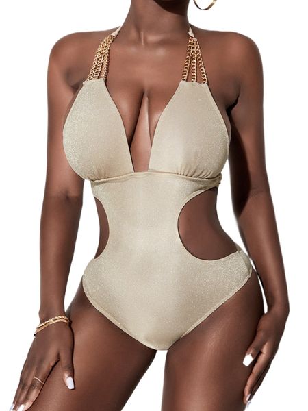 

cut out chain detail tie back halter one piece swimsuit c3ku#, White;black