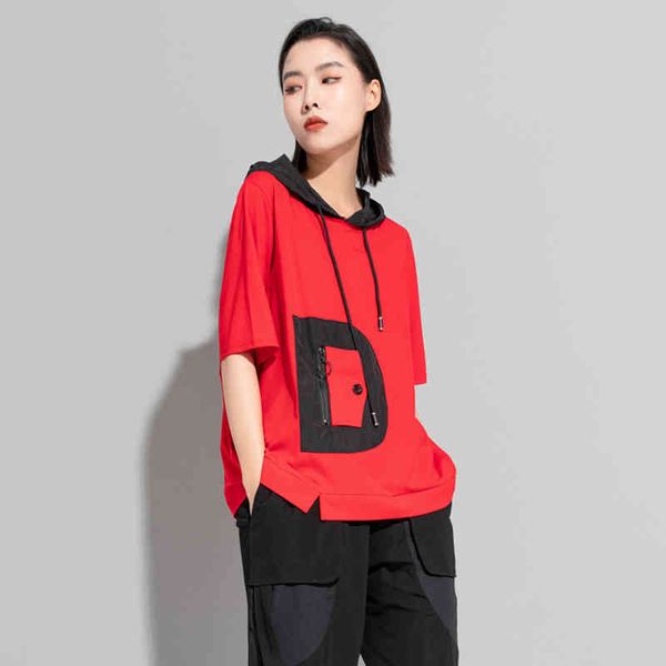 

summer new fashion brand dark department personalized splicing large hooded short sleeve t-shirt women's top, White