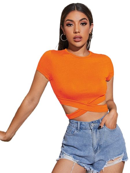 

neon orange cutout waist crop tee d0aq#, White