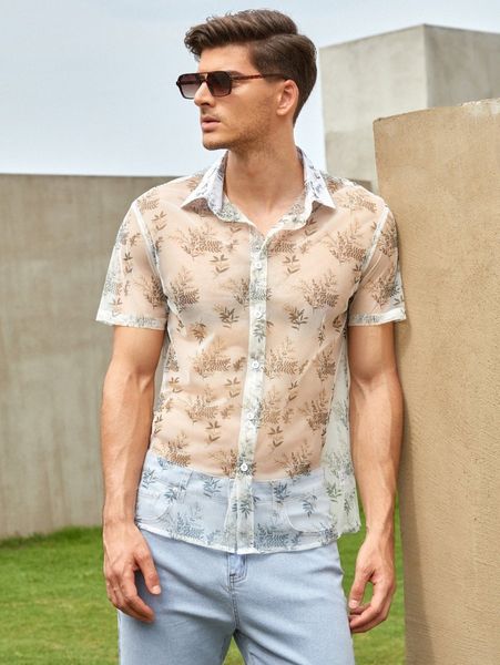 

men allover plants print sheer mesh shirt b8pc#, White;black