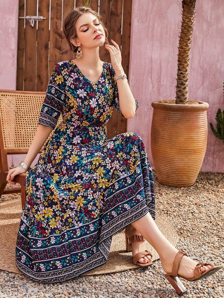 

floral print ruffle hem dress z86l#, Black;gray