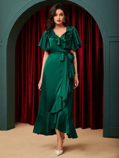 

ruffle hem low back satin dress p6fy#, Black;gray