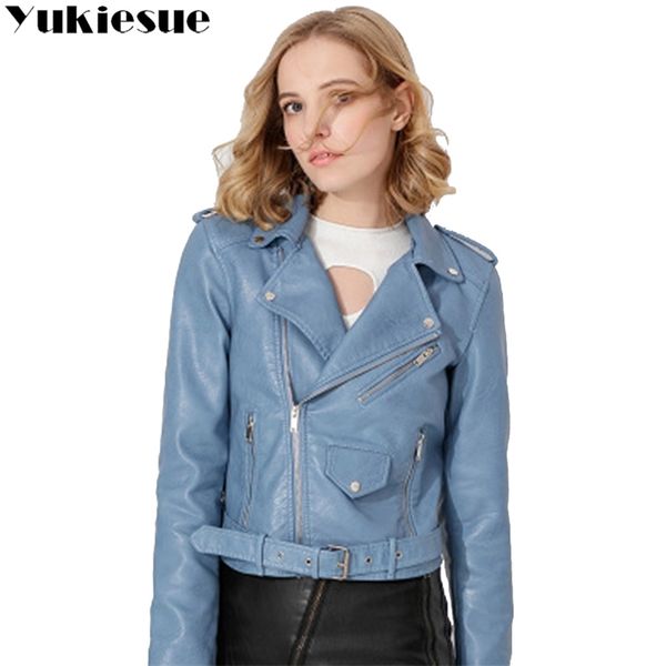 

yukiesue women leather jacket spring autumn new multi zipper pu leather jacket short belt slim jacket motorcycle clothing 210412, Black;brown
