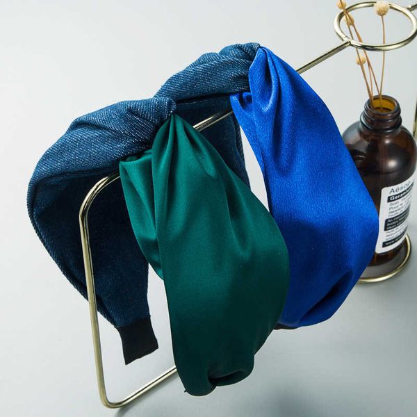 

heming hair hoop new fashion solid color splicing knot double cloth headband denim atmospheric wide edge hair accessories, Silver