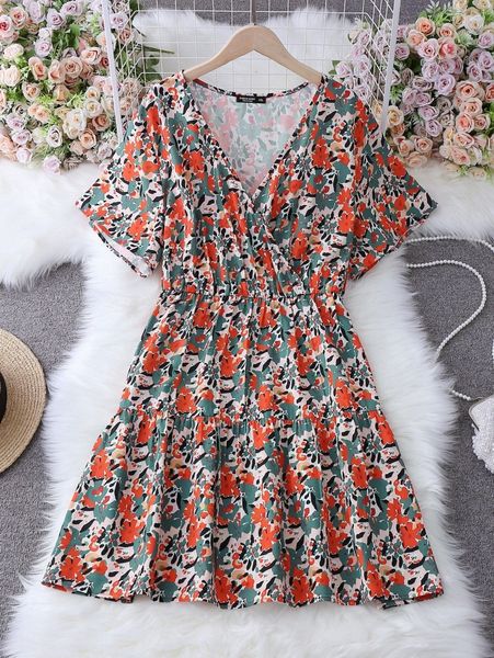 

plus allover floral print overlap collar ruffle hem dress k6rz#, Black