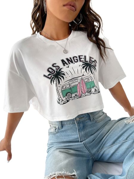 

car & letter graphic drop shoulder tee j2ey#, White
