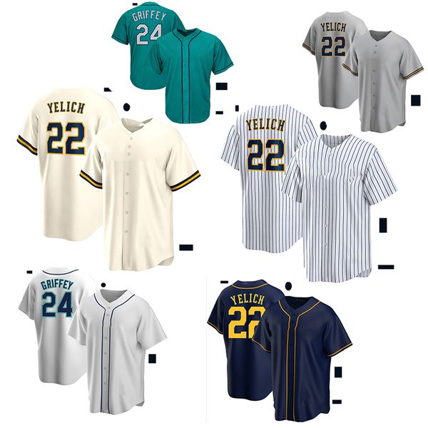 

baseball jerseys anti shrink quick dry 22 yelich 24 griffey 9 baez 44 rizzo 17 bryant base ball jersey sunmmer sport t shirt running shirts, Blue;black