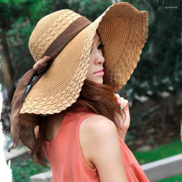 Cappelli a tesa larga HT1681 2022 Stile Coreano Donna Estate Grande Fiocco Solido Grande Packable Floppy Beach Cappello da sole Paglia femminile Eger22