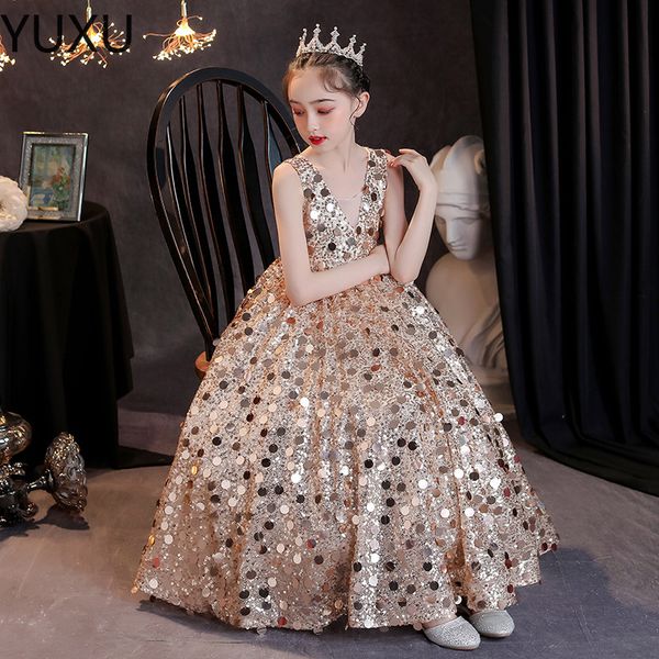 

2023 gold crystal flower girls dress pageant dresses ball gown beaded blingbling toddler infant clothes little kids princess birthday gowns, White;blue