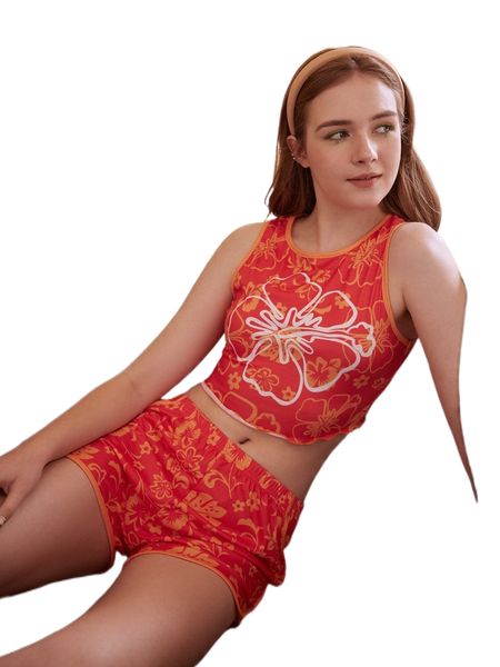 

romwe sweetness floral print contrast binding pj set m9yb#, Black;red